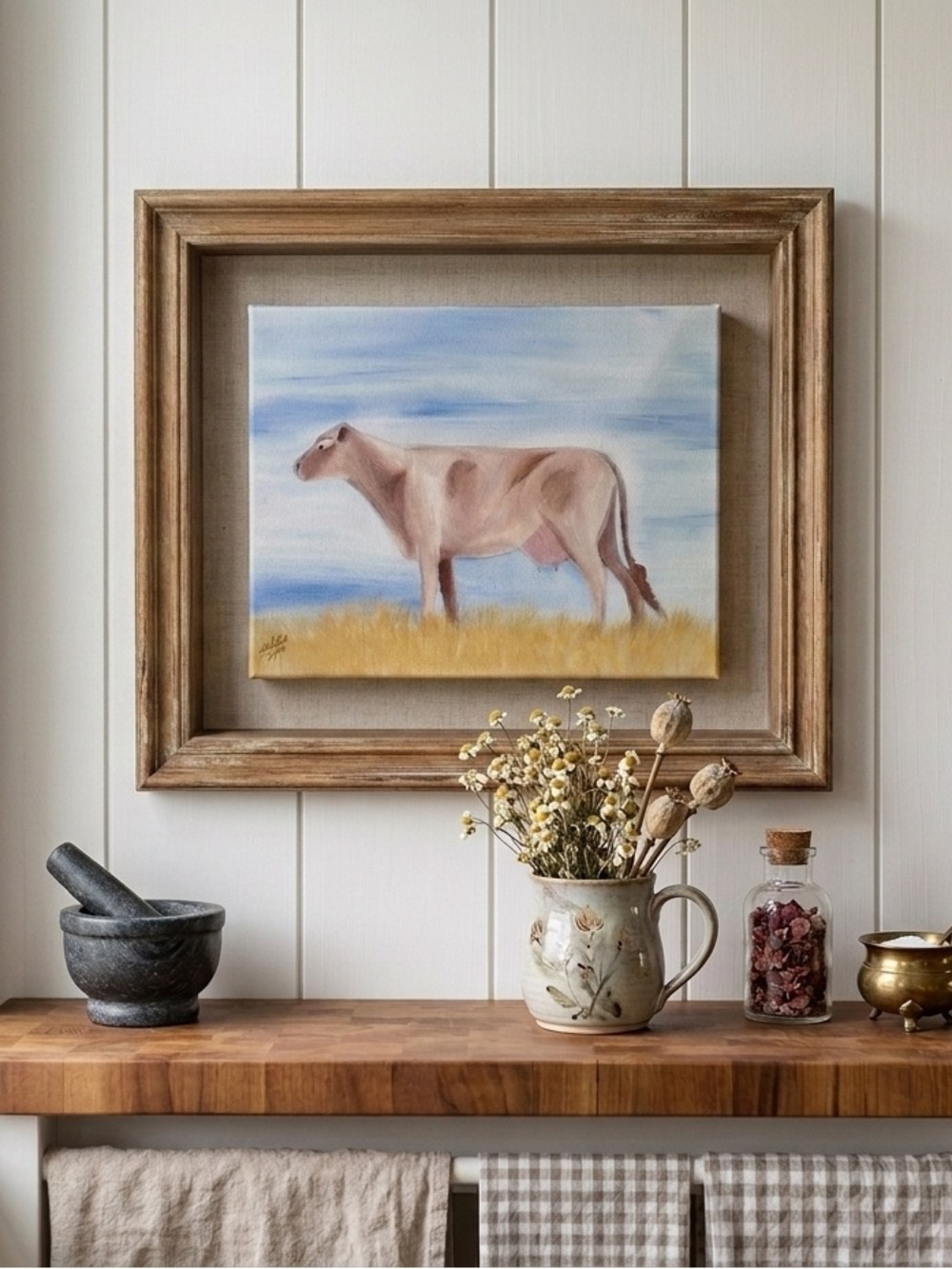 Hand-Painted Brown Cow Raw Canvas Art Charming Farmhouse - Picture 6 of 7